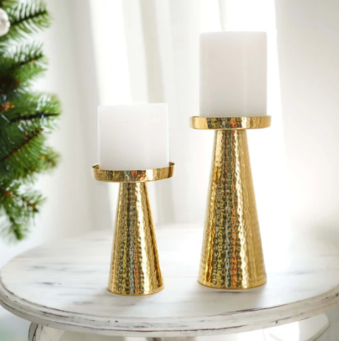 Metal Hammered Candle Holder Set of 2 - Gold