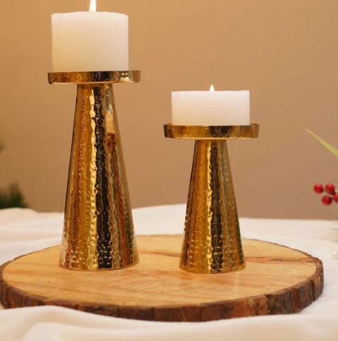 Metal Hammered Candle Holder Set of 2 - Gold