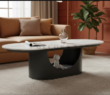 Black Luxurious Oval Shape Centre Table – white marble top on black base centre table by DecoraHub, view 3
