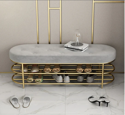 Modern Upholstered Bench Gray Velvet With Shelf and Shoe Storage
