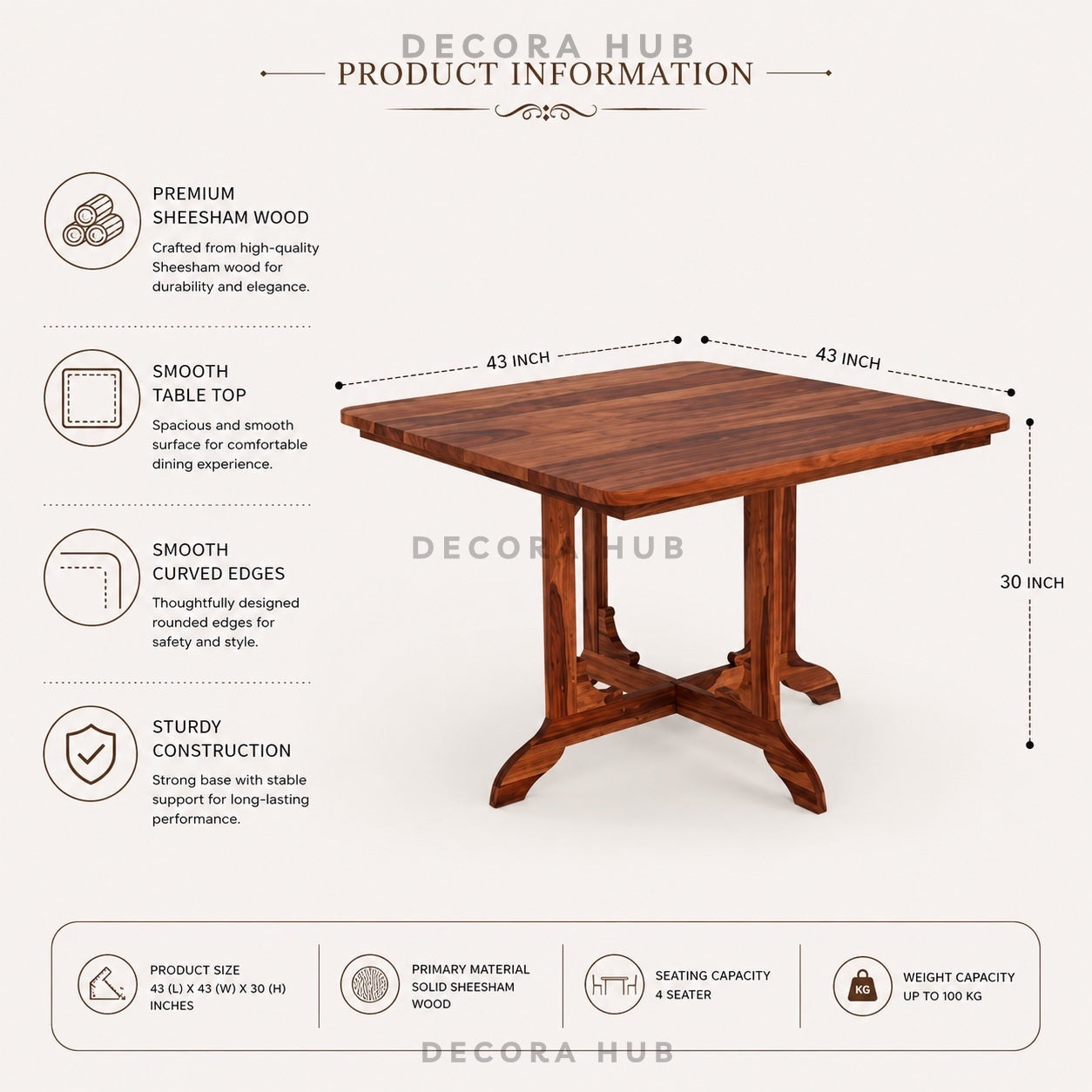 Wooden table with product information on a white background