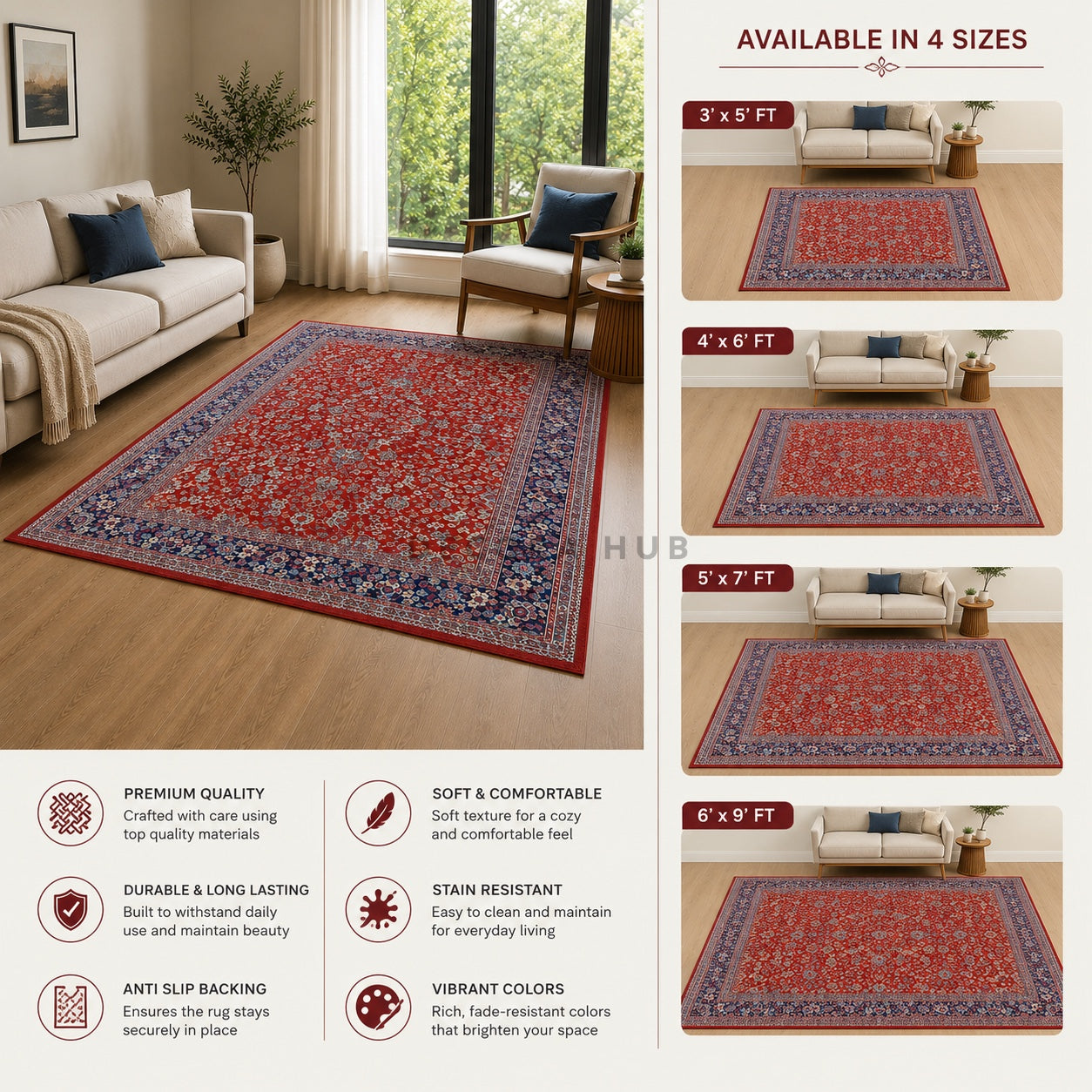 A large red and blue patterned area rug shown in a living room setting, with text indicating available sizes from 3'x5' FT to 6'x9' FT and feature callouts such as premium quality, soft comfort, stain resistance, and vibrant colors.