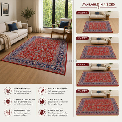 A large red and blue patterned area rug shown in a living room setting, with text indicating available sizes from 3'x5' FT to 6'x9' FT and feature callouts such as premium quality, soft comfort, stain resistance, and vibrant colors.