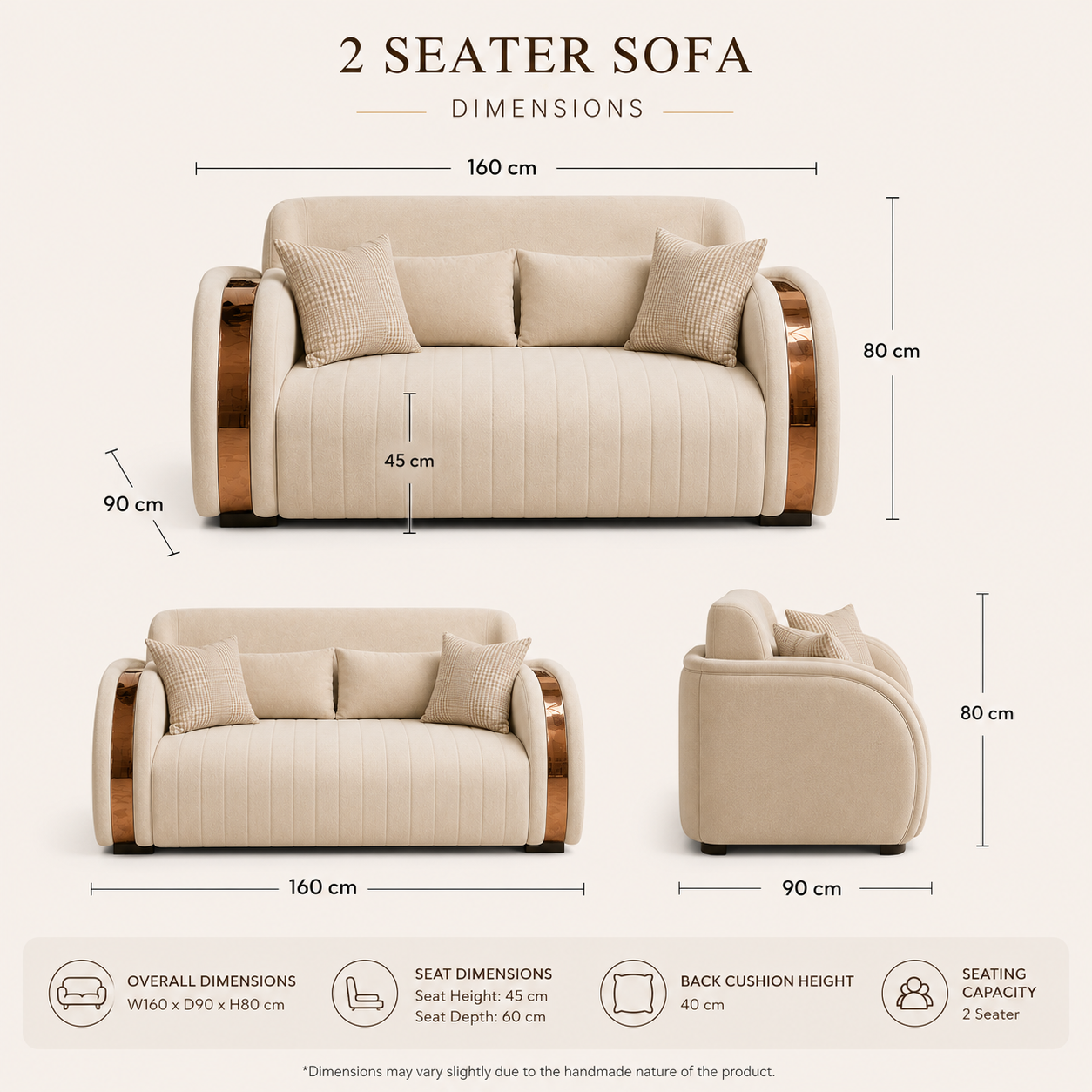 Beige sofa set with dimensions labeled on a beige background