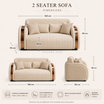 Beige sofa set with dimensions labeled on a beige background