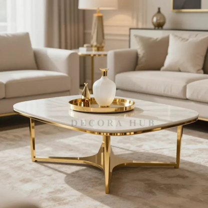 Sovereign Modern Coffee Table – white marble top on golden base coffee table by DecoraHub