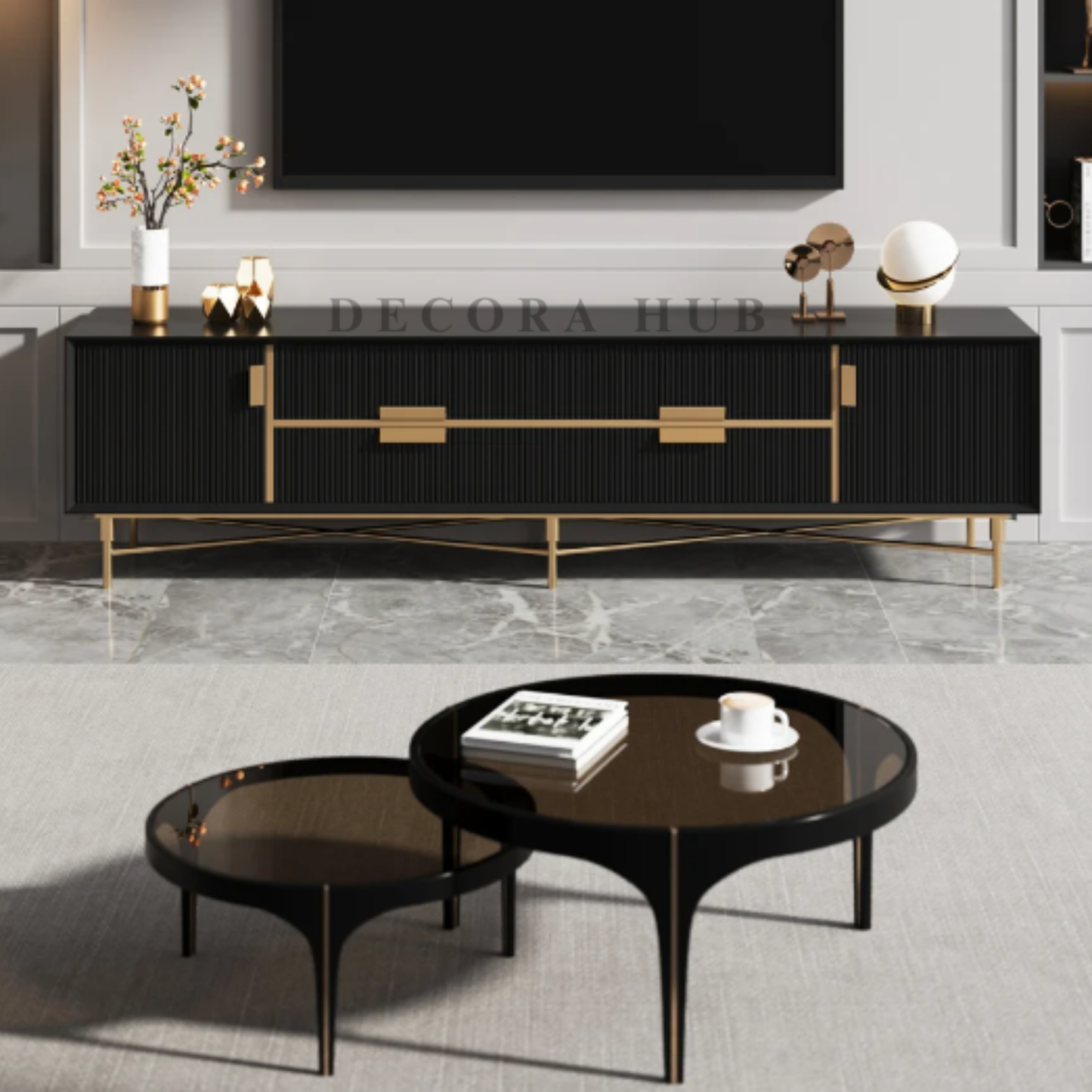 TV cabinet with polished wooden top in black