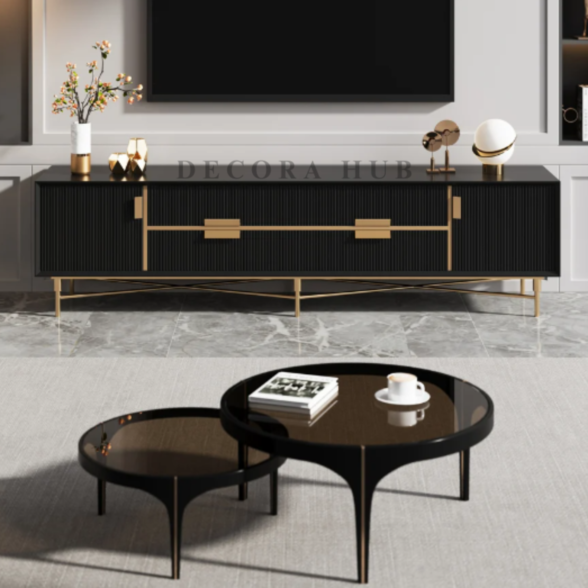 TV cabinet with polished wooden top in black