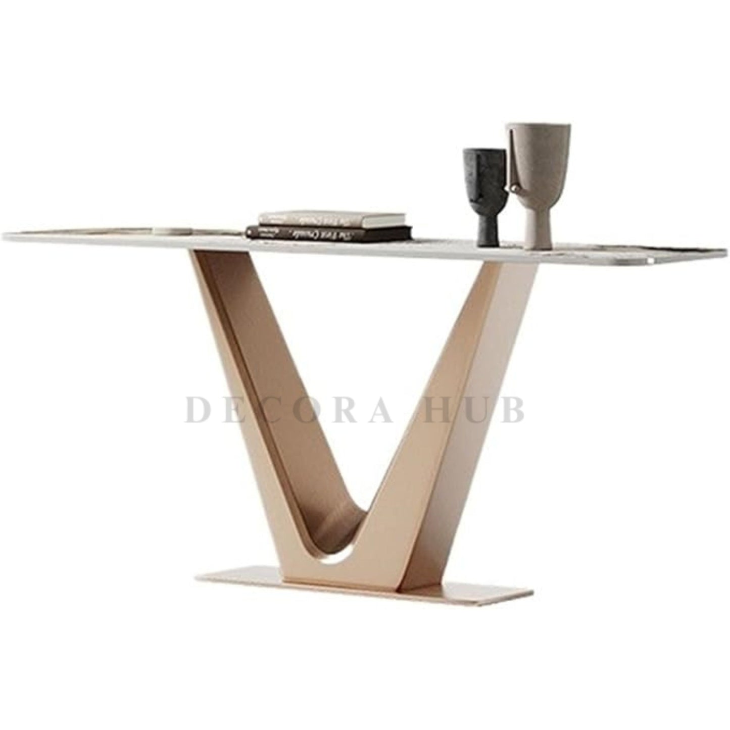 V Luxurious Console Table with white composite marble top and gold PVD coated stainless steel frame.