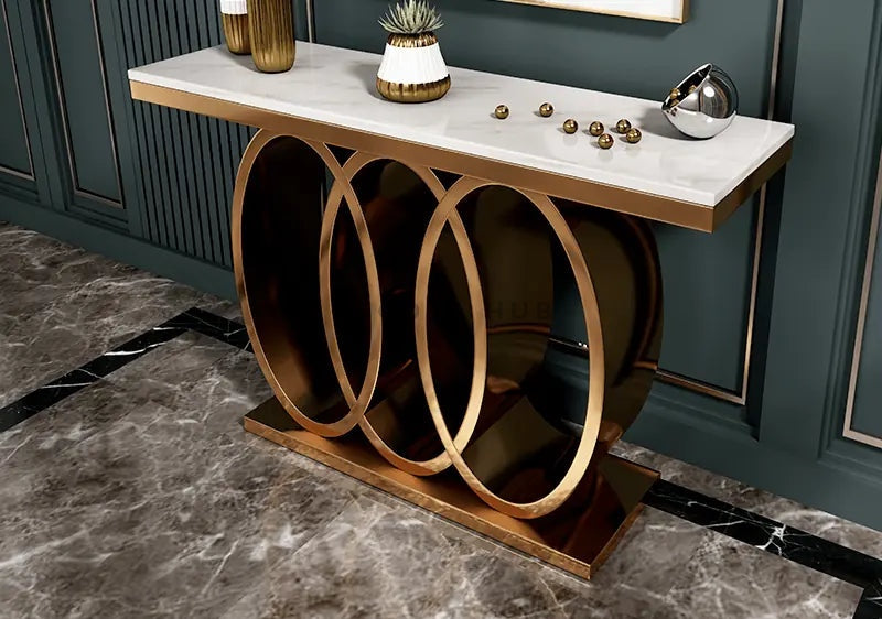 Triple Circle Rose Gold With White Marble Top Console Table