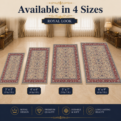 Vintage Wine Red Persian Carpet for Living Room – wine red, ivory and royal blue Persian area carpet by DecoraHub (view 3)
