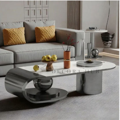 Modern Stainless Steel Coffee Table In Black – white marble top on black base coffee table by DecoraHub, view 4