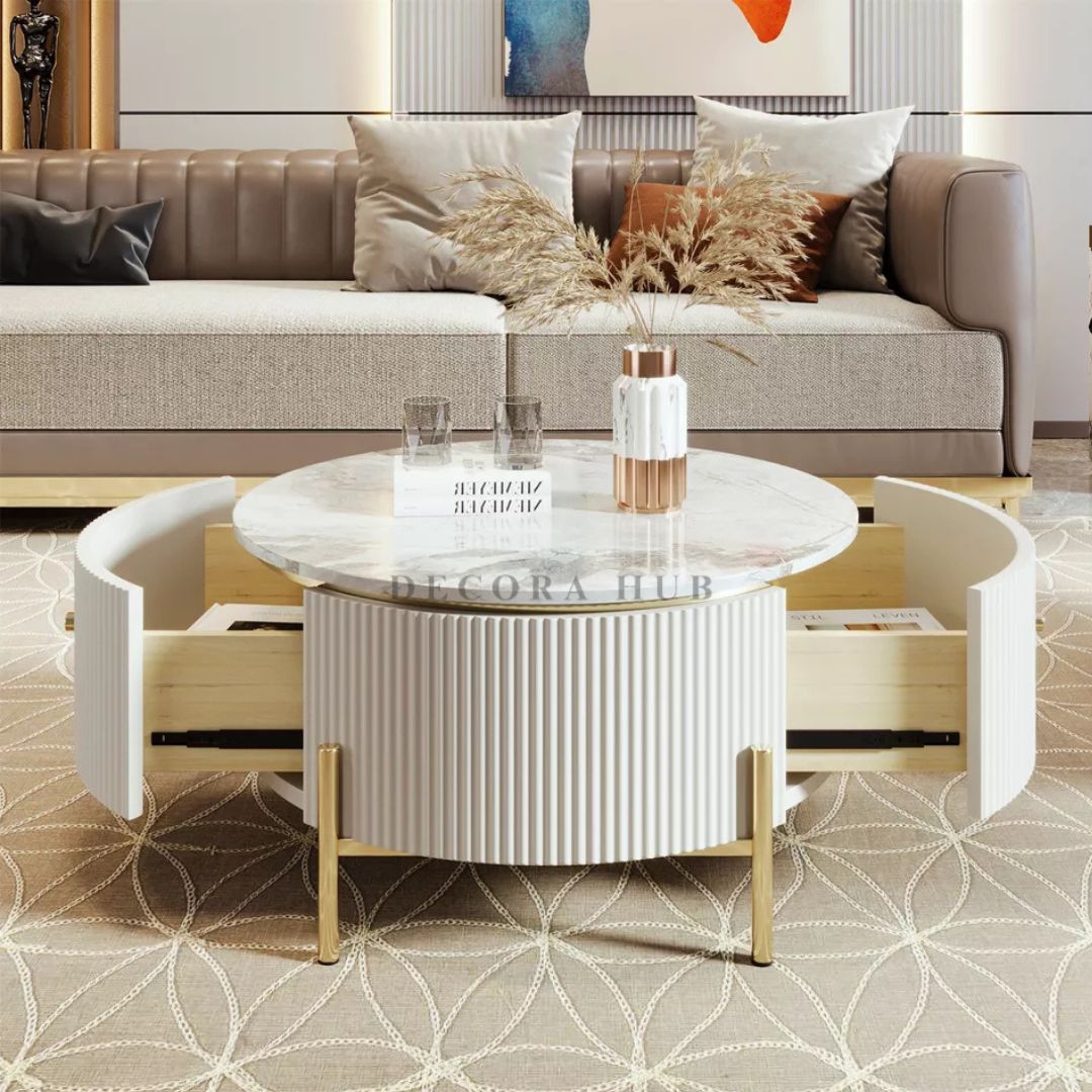 White & Gold Round Drum Coffee Table with Marble Top