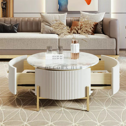 White & Gold Round Drum Coffee Table with Marble Top
