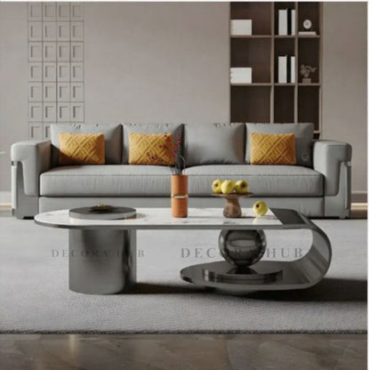 Modern Stainless Steel Coffee Table In Black – white marble top on black base coffee table by DecoraHub, view 2