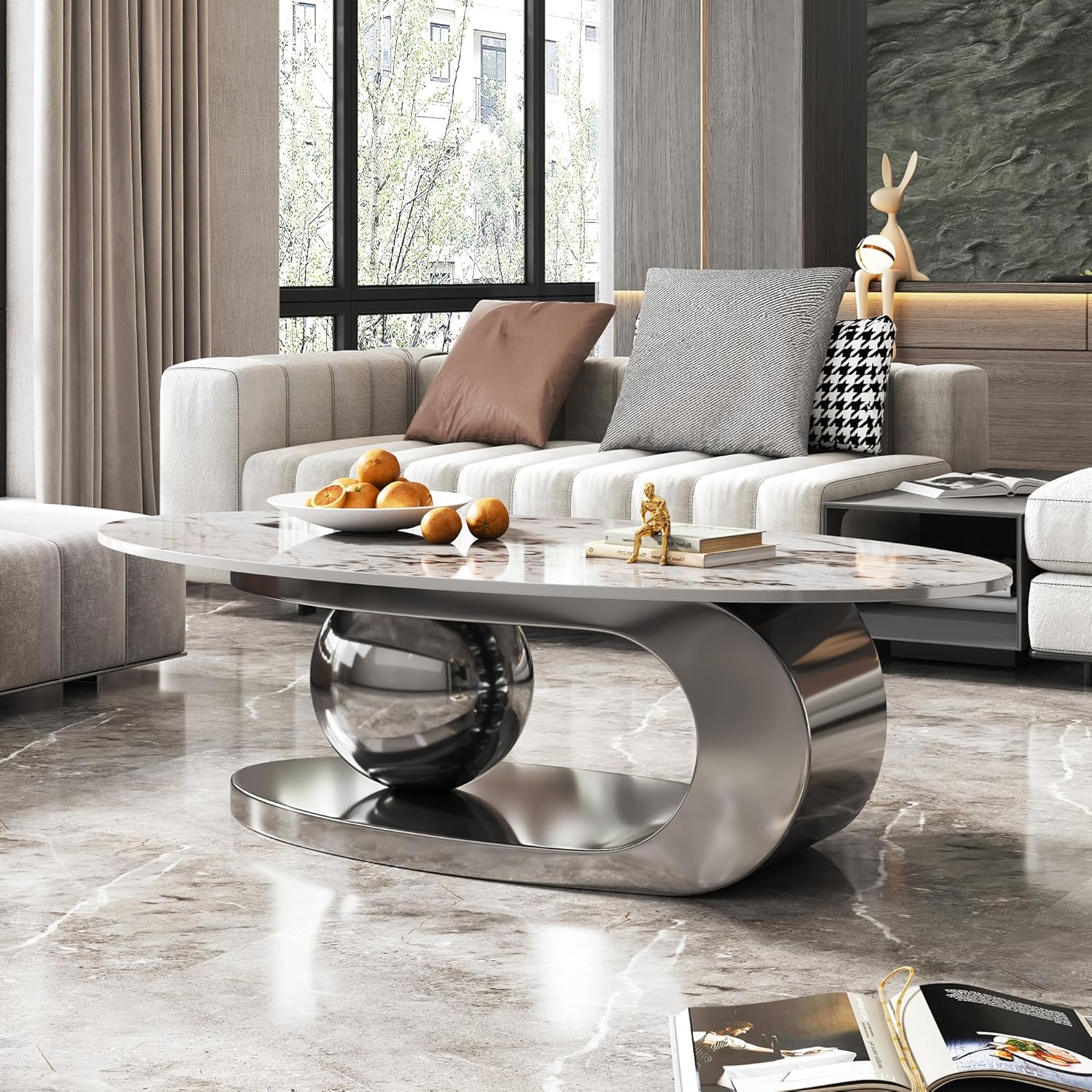 White Marble Top Centre Table In Silver Colour and Oval Shape
