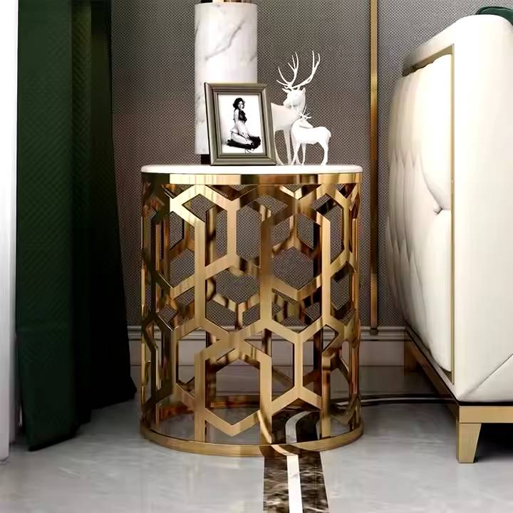 White Marble Top With Glossy Golden Base Centre Table