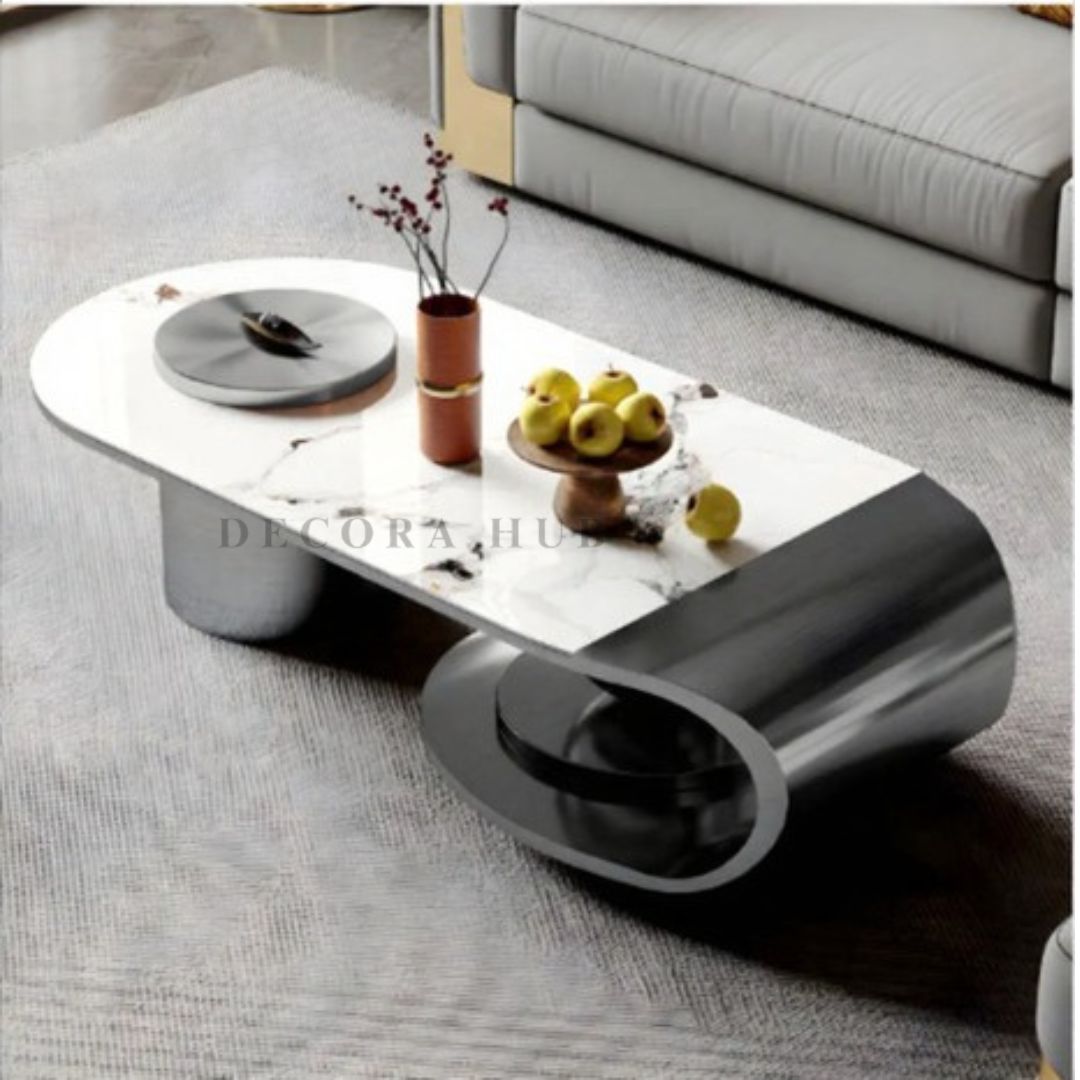 White Marble with Black Steel Base Centre Table
