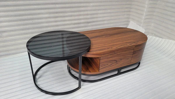 Wooden Oval Shape Coffee Table With Glss Top Side Table
