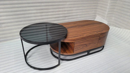 Wooden Oval Shape Coffee Table With Glss Top Side Table