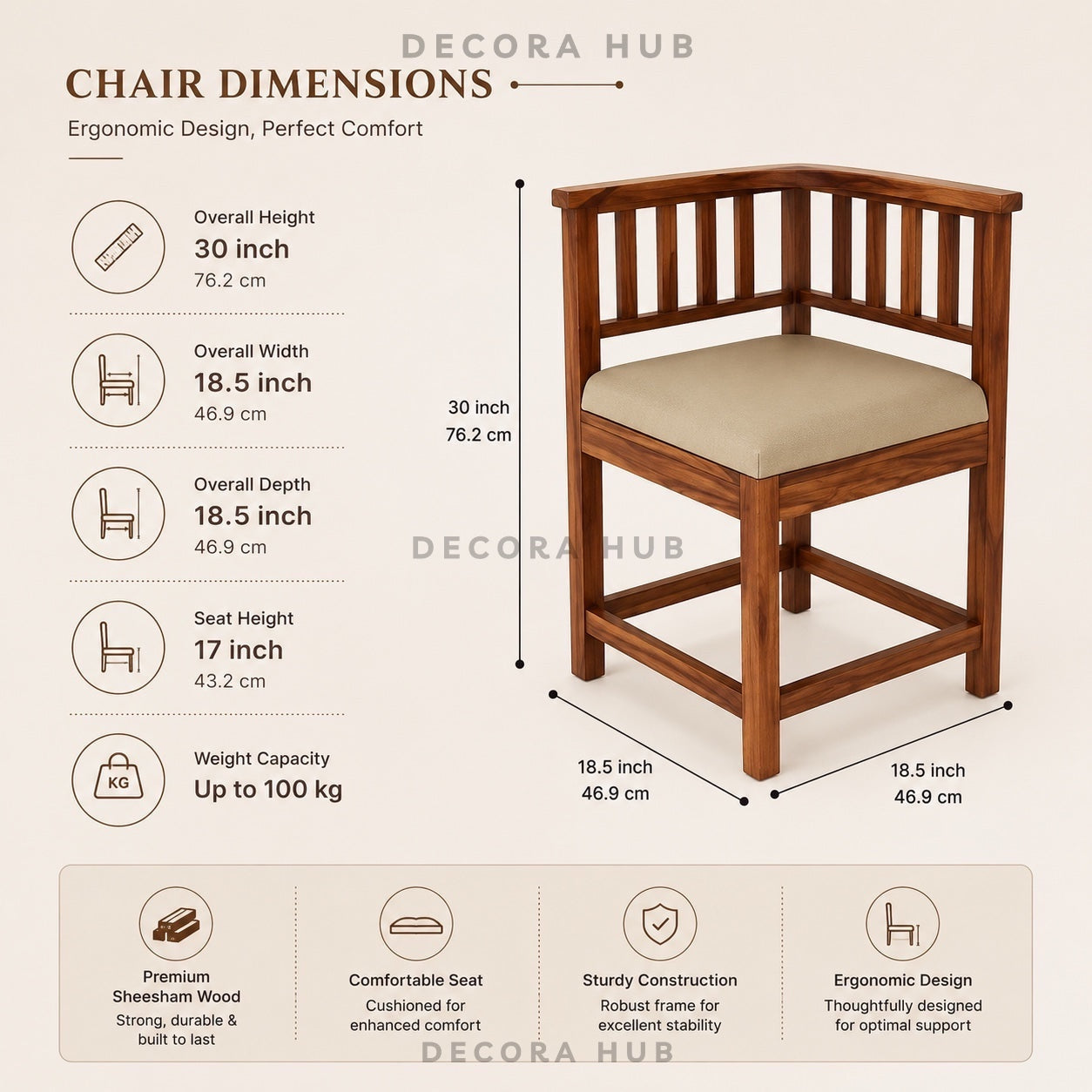 Wooden chair with dimensions and features on a beige background
