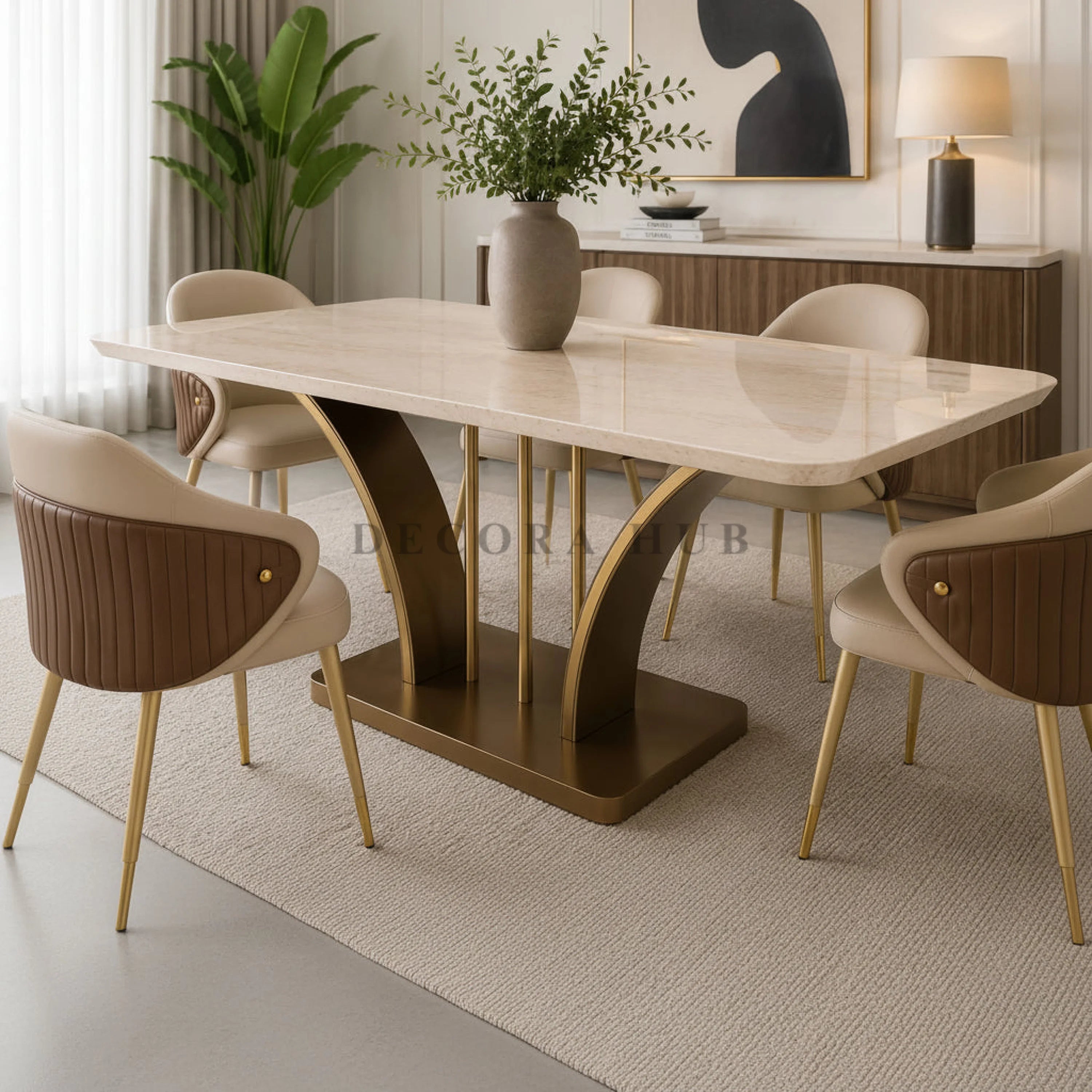 Aurelian Serenity beige marble top six seater dining table set