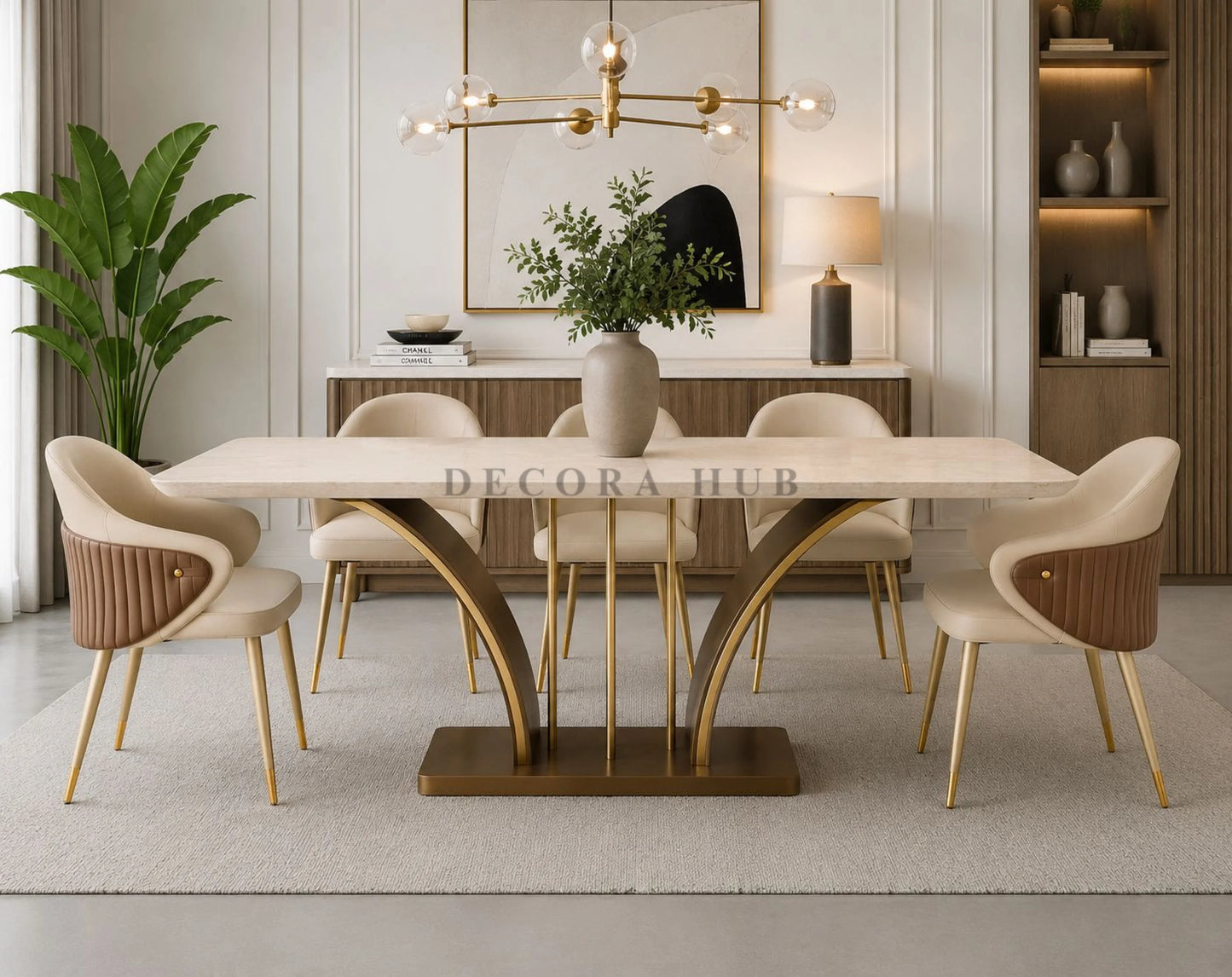 Aurelian Serenity Beige Marble Top 6 Seater Dining Table Set - Dining Table