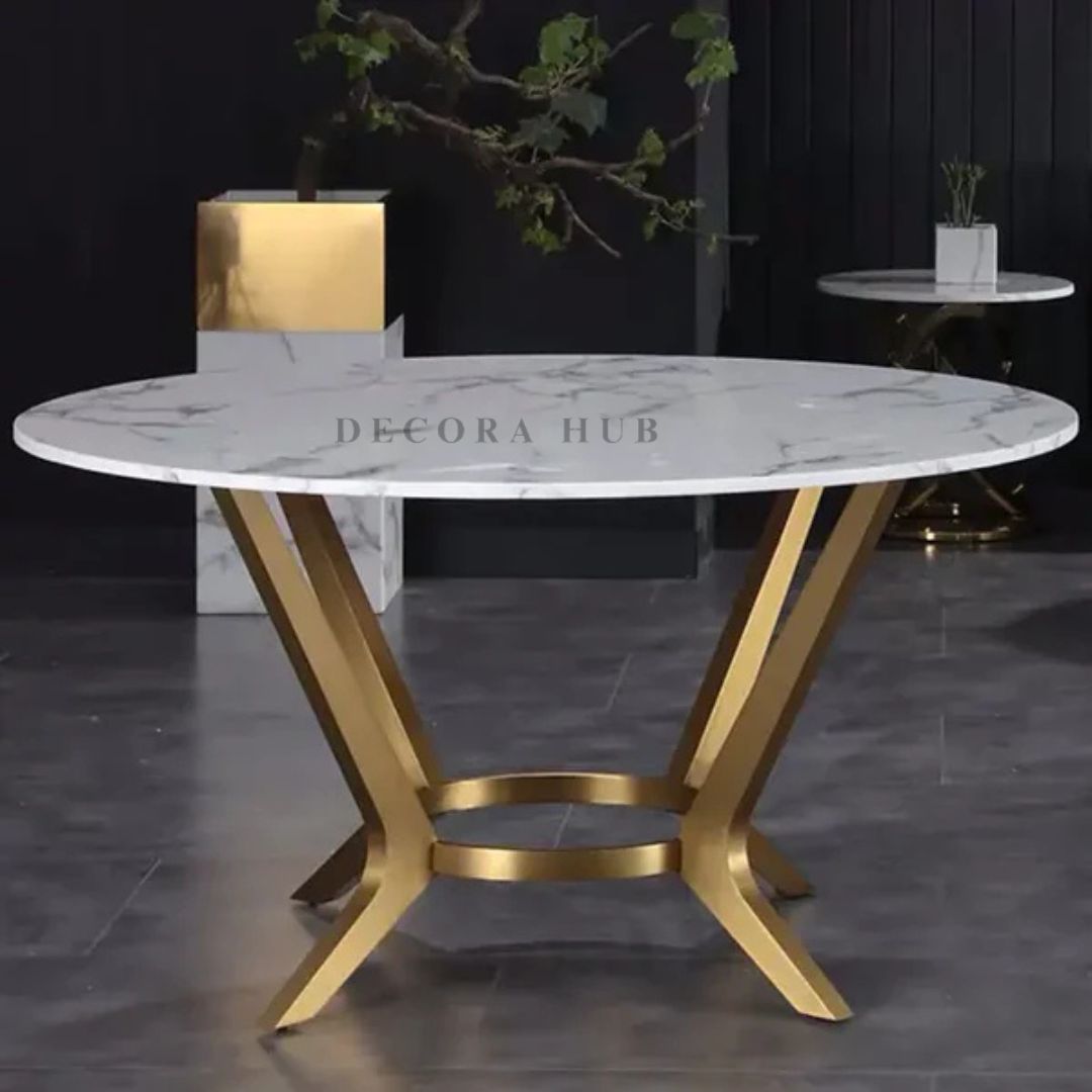 Contemporary Golden Base Marble Dining Table – side view