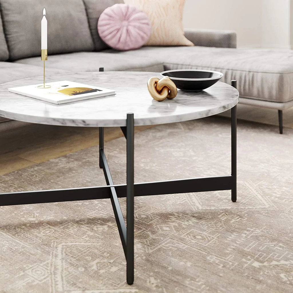 White Marble On Top Black Base Centre Table