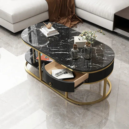 Modern Marble Coffee Table with Drawers & Shelf in Black