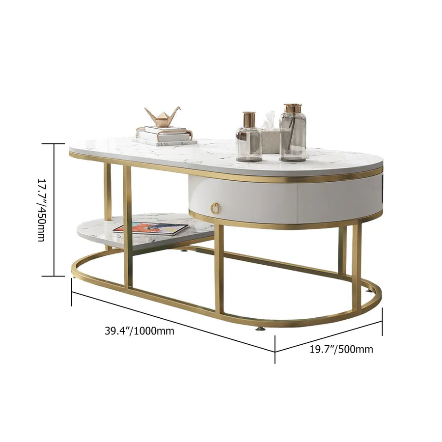 Modern Marble Coffee Table with Drawers & Shelf in Black