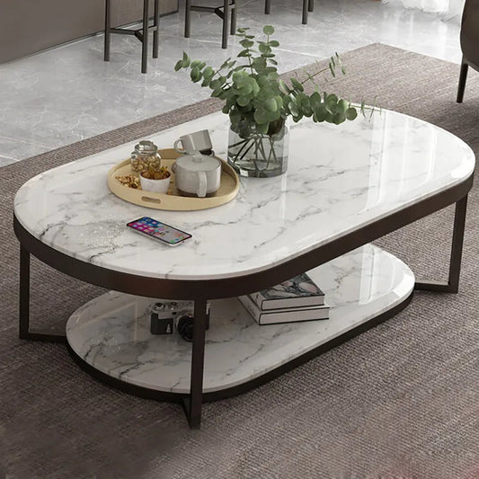 Modern 2-Tiered Marble Coffee Table Black & White with Shelf Metal Frame