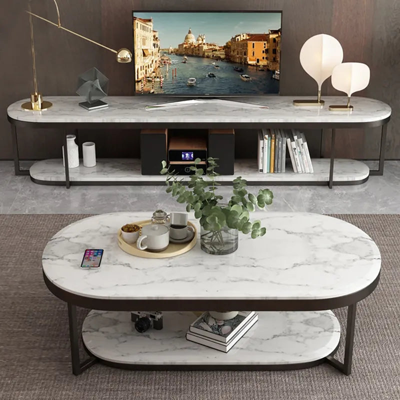 Modern 2-Tiered Marble Coffee Table Black & White with Shelf Metal Frame