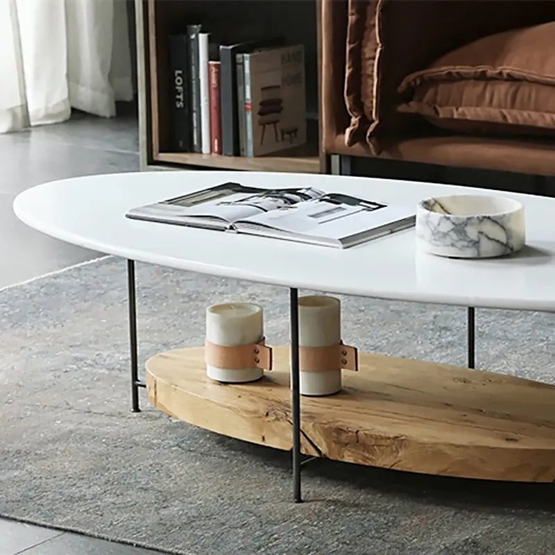 Natural Oval Coffee Table with Storage Shelf Light Wood and Metal