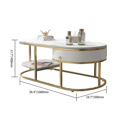 Modern Marble Coffee Table with Drawers & Shelf in White