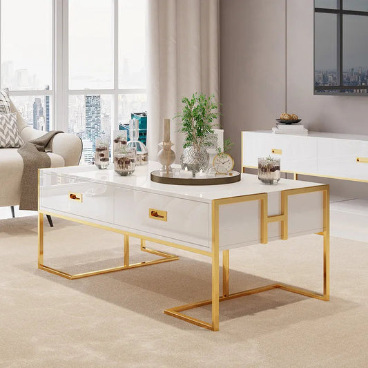 White Rectangular Coffee Table With Drawers Lacquer Gold Base