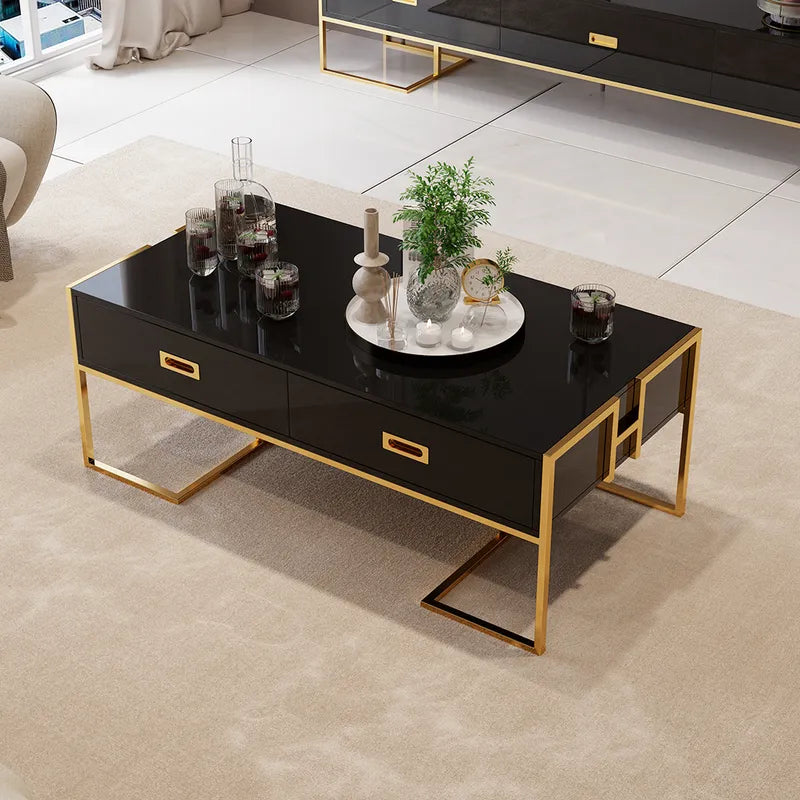 Contemporary Black Rectangular Coffee Table With Drawers Lacquer Gold Base