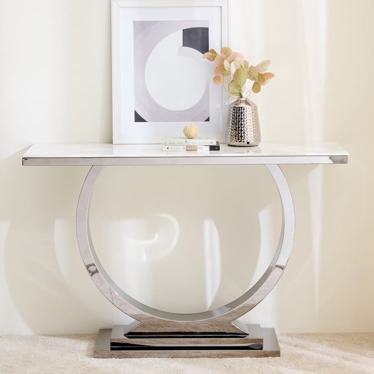 Silver Circle Marble Top Modern Console Table