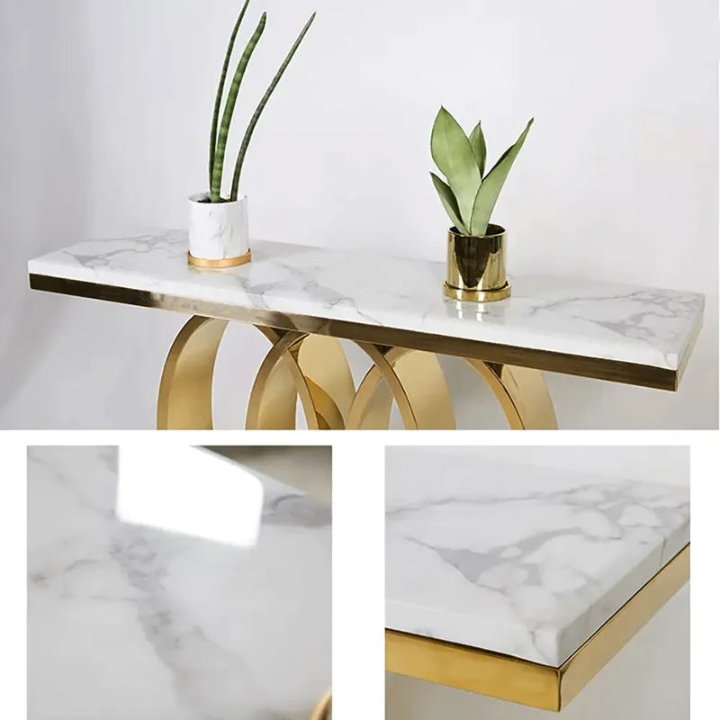 Triple Circle Golden Colour With White Marble On Top Console Table