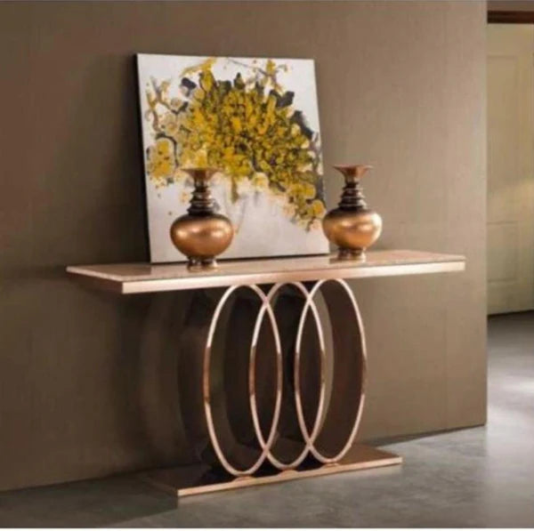 Triple Circle Rose Gold With White Marble Top Console