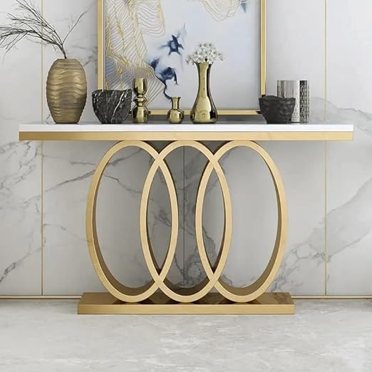 Triple Circle Golden Colour With White Marble On Top Console Table