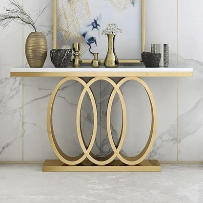 Triple Circle Golden Colour With White Marble On Top Console Table