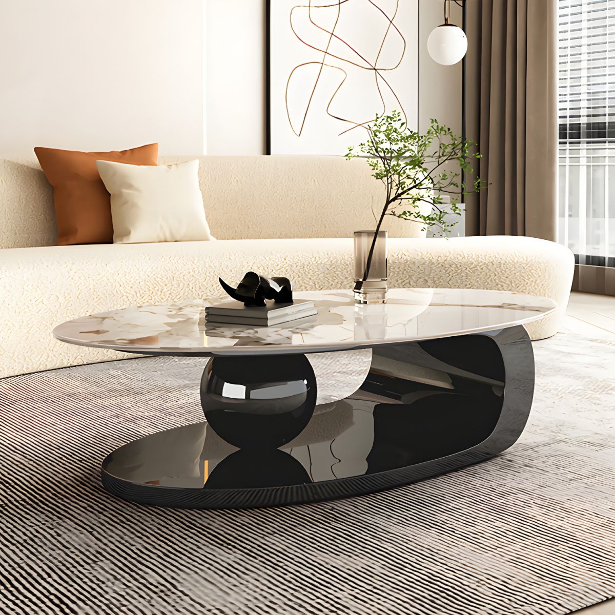 Oval Centre Table With Black Metal Base