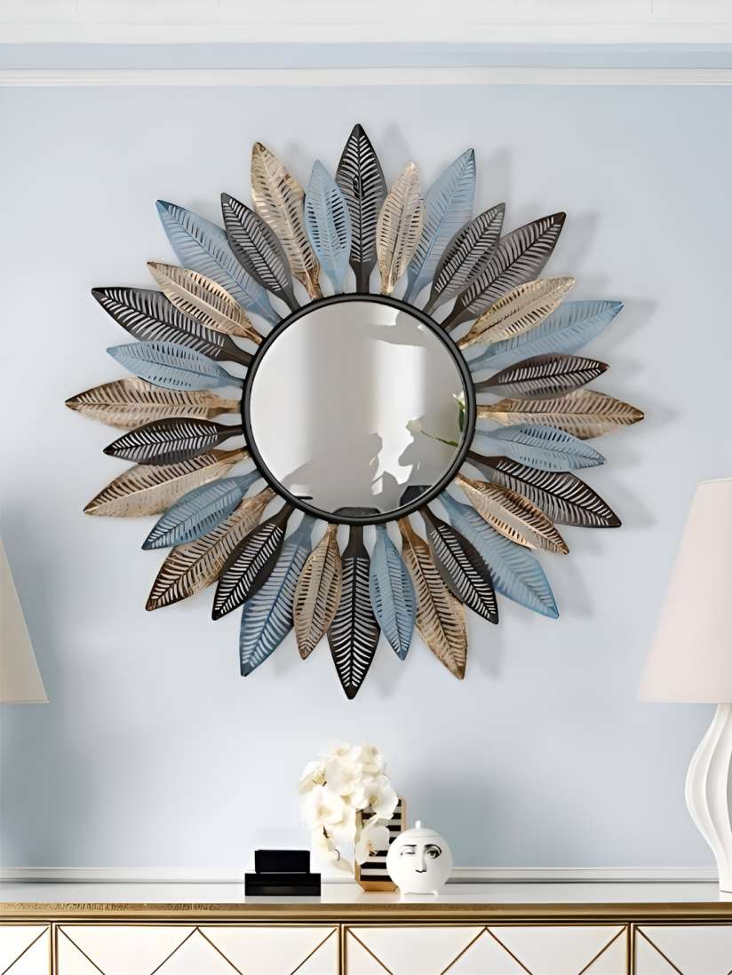 Grey & Yellow Side Feather Design Wall Mirrors