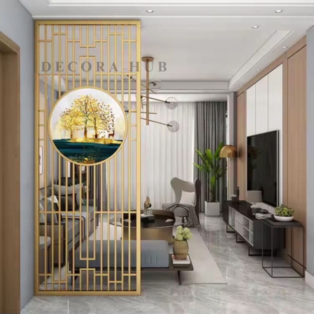 DecoraHub Golden Harmony PVD Partition – gold metal partition for living room DecoraHub India