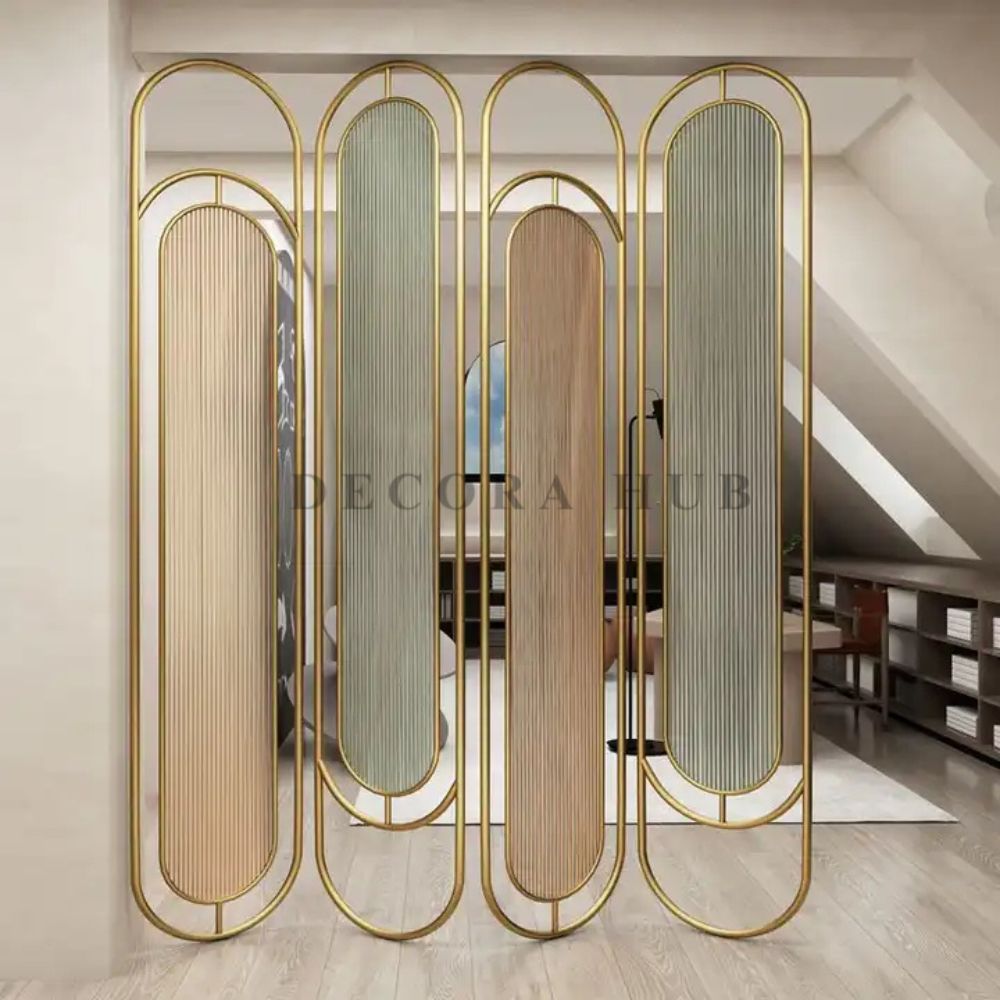 DecoraHub Stainless Steel Glass PVD Partition – metal partition for living room room divider India