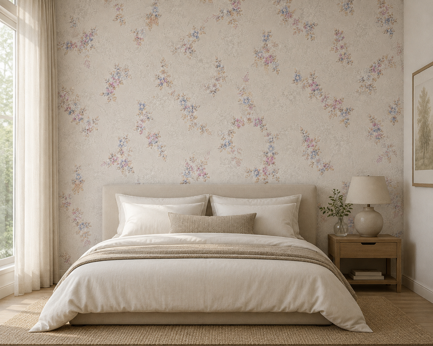 Pastel Floral Cluster Textured Wallpaper - room view