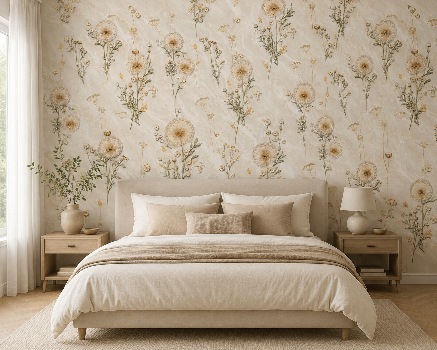 Ivory Dried Dandelion Wildflower Wallpaper - detail
