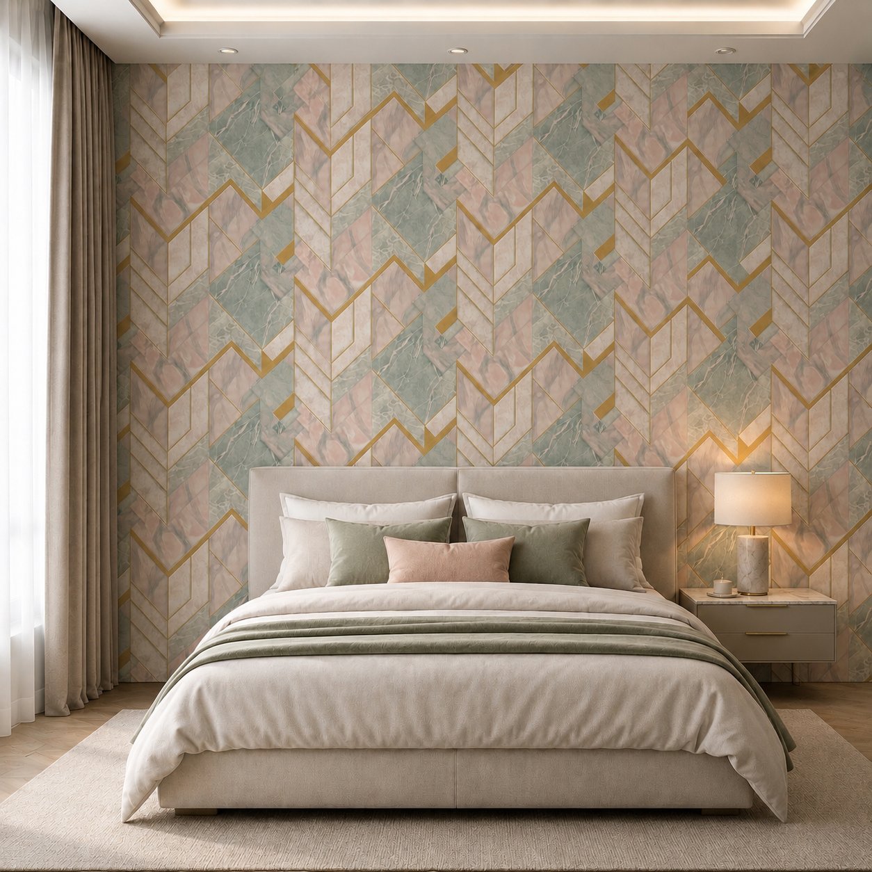 Pink Sage Marble Art Deco Chevron Wallpaper - detail