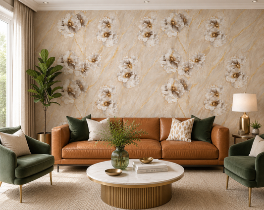 Ivory Marble 3D Floral Bloom Wallpaper
